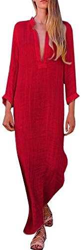 Women Boho Maxi Dress,Women’s Printed Long Sleeve V-Neck Maxi Dress Split Hem Baggy Kaftan Long Dress Party Loose Long Sleeve Cotton Viscose Dress