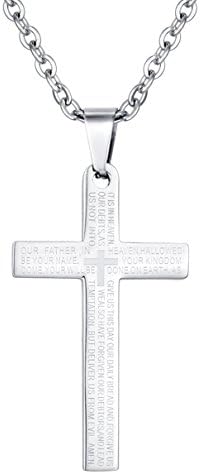 jonline24hStainless Steel Mens Lords Prayer Cross Pendant Necklace,Silver,18-28 inch Chain