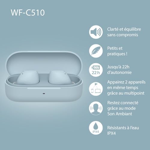 WF-C510 Truly Wireless - Ecouteurs Intra-Auriculaires Bluetooth, Petits, Légers, Connexion Multipoint, Son Ambiant, IPX4, Spotify Tap, Charge Rapide, Batterie jusqu'à 22h, iOS et Android – Bleu