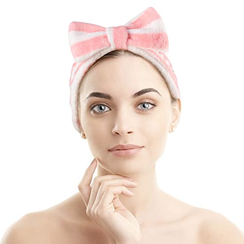 Shindel Bow Hair Band, 6PCS Soft Coral Fleece Headband Cute Bowknot Makeup Cosmetic Headbands for Washing Face Shower Spa Mask, Striped style