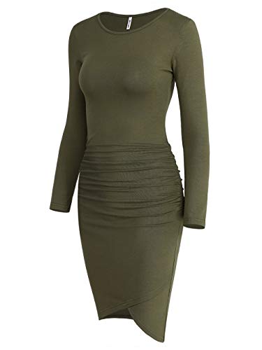 Missufe Women's Casual Long Sleeve Ruched Bodycon Sundress Irregular Sheath T Shirt Dress (Army Green, X-Large)