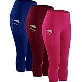 Neleus Womens Tummy Control High Waist Capri Yoga Leggings with Pocket Blue+Wine Red+Rose Red US Size XL