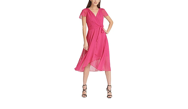 DKNY Womens Faux Wrap Hi-Low Midi Dress 