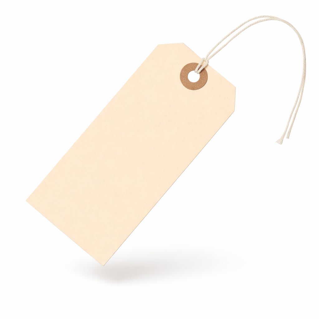 Shipping Tags with Strings Attached 4 3/4" x 2 3/8" (12 x 6 cm) Box of 200 Large Manila Paper Tags with Strings and Reinforced Hole