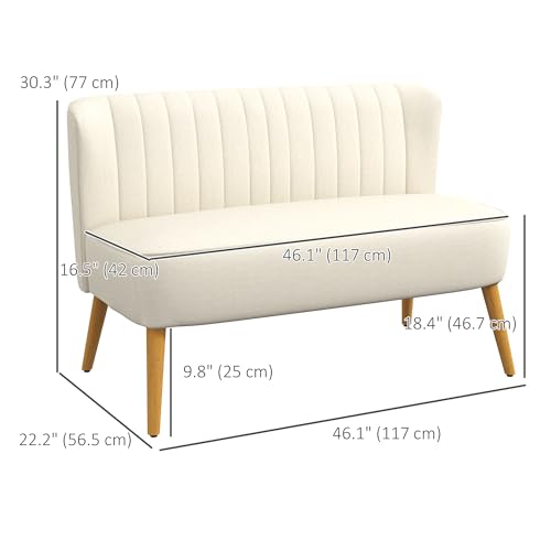 HOMCOM 46" Loveseat Sofa, Linen Fabric 2 Seater Sofa Couch with Thick Padded Seat and Rubber Wood Legs, Upholstered Small Couch for Living Room, Home Office, Cream White