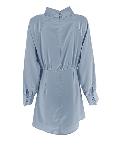 PRETTODAY WOMEN’S SATIN DRESS LONG SLEEVE TWIST HIGH NECK ELEGANT COCKTAIL PARTY MINI DRESSES (BLUE,LARGE)