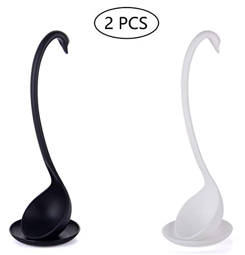 Kitchen Spoon Soup Ladle Elegant Swan Creative Cooking Tools Tableware Kitchen accessories with Tray (Black+White) 2 PACK
