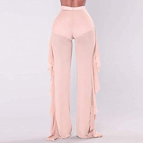 Tantisy â™£â†­â™£ Women's Plus Size High Waist Solid Skinny Long Pants Fashion Ruffled Layered Design Ladies Sexy Sheer Pants Beige