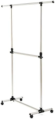 SUNPACE Adjustable Double Rods Rolling Garment Rack, Stainless Steel Clothes Drying Hanging Clothing Rack