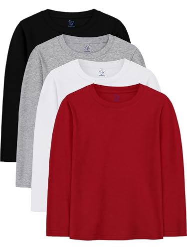 HoeVou 4 Pack Boys Long Sleeve Shirts Soft Cotton Basic Tees Youth Boys Long Sleeve T-Shirts Layering Shirts Tagless