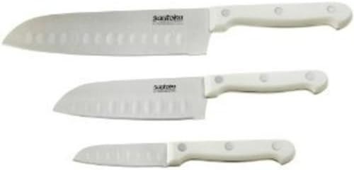 Set/3 All Purpose Stainless Santoku Knife Set White Handles 3" 5" 7" Blades