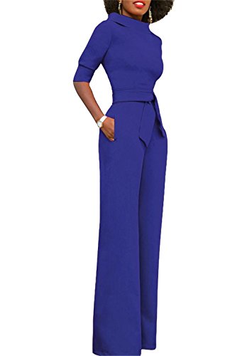 KISSMODA Women Winter Casual Short Sleeve Drawstring Harem Jumpsuit Romper Pants Blue Large