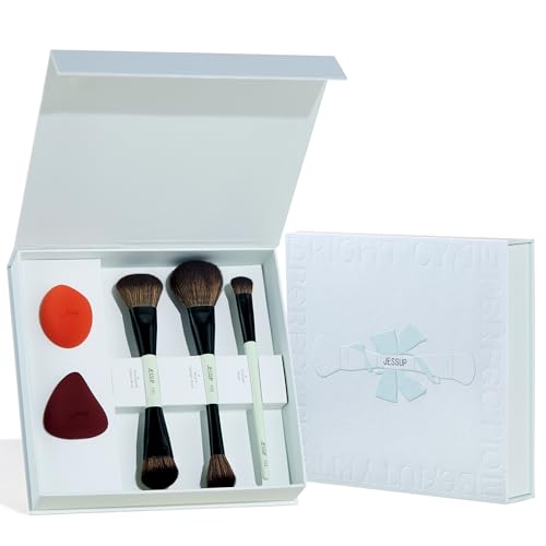 Jessup Makeup Brushes 5pcs, 3pcs Double Sided Face Makeup Brush Set, 2pcs Makeup Sponges, Premium Vegan Foundation Contour Blush Highlight Concealer Brush Gift Packaging T510