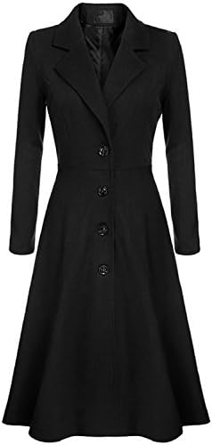 Anhoney Women Single Breasted Overcoat Long Trench Coat Wool Blended Outerwear, Black, XX-Large