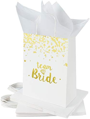 Loveinside Medium Kraft Gift Bags-Team Bride Gold Foil White Paper Gift Bag With Tissue Paper - Wedding,Party Favor,Bridesmaids Gift-12Pack -20.5 X10.2 X 25.5CM