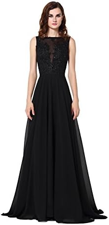 Vegeron Women's Scoop Neck Sleeveless Lace Applique Floor Length Evening Dress