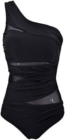 Kusutad Inspired Fashion Figures One Piece Mesh one shoulder Maillot Swimsuit,Black,XXL