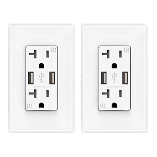 ELEGRP USB Charger Wall Outlet, Dual High Speed 4.0 Amp USB Ports with Smart Chip, 20 Amp Duplex Tamper Resistant Receptacle Plug, Wall Plate Included, UL Listed (2 Pack, White)