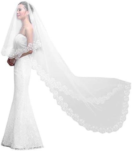 kinmyte Women Pure White Wedding Veil 3M Long Embroidered Floral Lace Scalloped Edge Bridal Cathedral Party Accessories Without Comb(White-Length:3m/118.11in 1 Piece)
