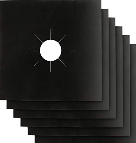 Gas Range Stove Burner Covers - 6 pack 0.3mm Double Thickness Reusable Non-Stick Heat Resistant Cuttable FDA Approved Easy and Fast Clean Dishwasher Safe Black Square Liner Covers for gas range