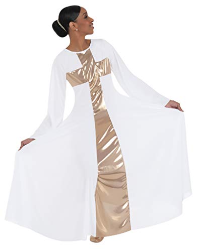 Body Wrappers Women's Praise Cross Long Worship Dress (WHITE W/GOLD, SMALL) - 620