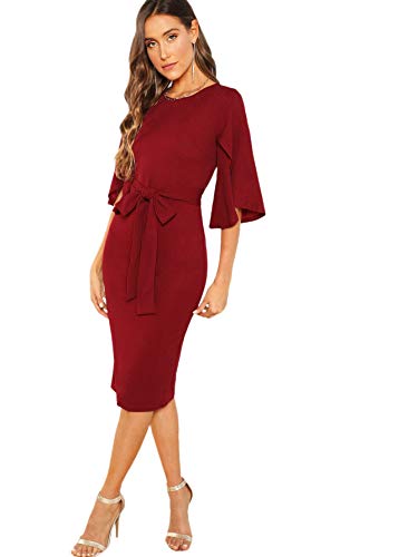 Floerns Women's Ruffle Sleeve Tie Waist Midi Dress Cocktail Party Pencil Dress Burgundy XS
