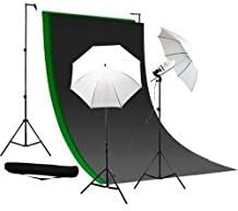 Caltar Photography Photo Video Continuous Lighting Kit, 10ft Background Support, with Green Chromakey - Black and White 10 X 10 Muslin Backdrops, with Free Carry Case