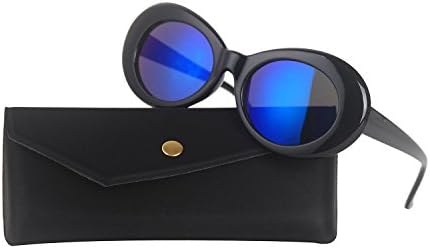 Clout Goggles Bold Retro Oval Mod Thick Frame Sunglasses Kurt Cobain Inspired Sunglasses Round Lens (Black / Blue Mirror)