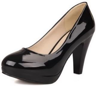 AmoonyFashion Girls Closed Round Toe High Heel Platform Patent Leather PU Solid Pumps, Black, 7.5 B(M) US
