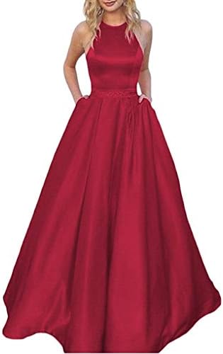 Tsbridal Women's Halter Lace Up Bridesmaid Dresses Long Formal Gown with Pockets Wedding Party Dress
