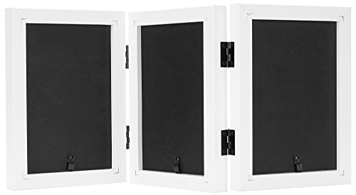 Frametory, 4x6 Inch Triple Hinged White Picture Frame - Stands Vertically on Desk or Table Top - Mad - //coolthings.us