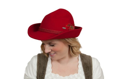 Essence Of Europe Gifts Men's German Style Wool Hat W/ Deluxe Feather Medium Red