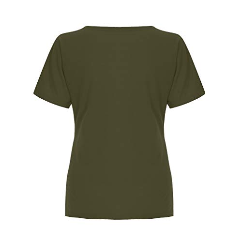 Duseedik Women's Summer Tops Color Matching T-Shirt O-Neck Casual Short Sleeved Patchwork Striped T-Shirt Tunic Army Green - Thumbnail 4