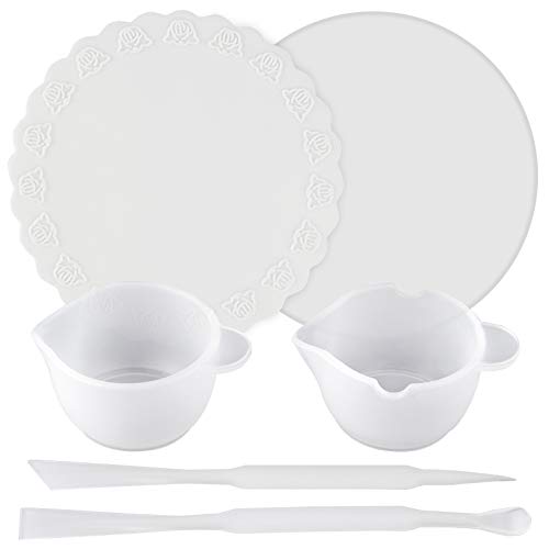 Epoxy Resin Casting Tools Set Silicone Measuring Cups, Round Mats, Stirring Stick and Spoon, 6-kit for Mixing UV Resins, Pigment, Paints