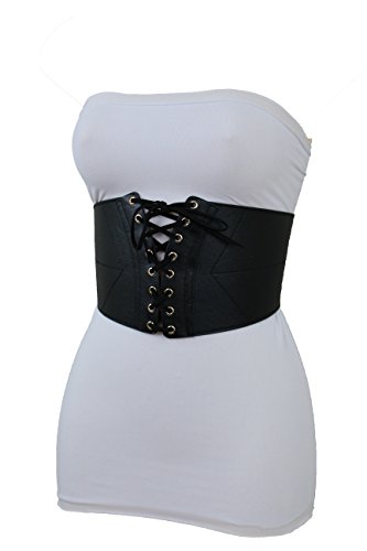 TFJ Women Fashion Wide Corset Belt High Waist Faux Leather Plus M L XL Black