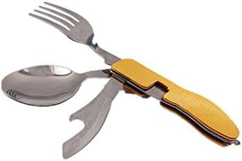 ASDEER 4-In-1 Multi- Fork Spoon Knife Bottle Opener Set, Durable Stainless Steel, Lightweight Traveling Camping Outdoor Creative Cutlery Set with Carry Pouch Orange(grain surface)