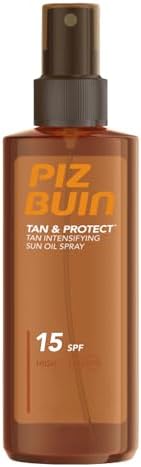 Piz buin protetor solar spray spf15, tan & protect acelerador de bronzeamento corpo e rosto, com vitamina e e proteção uva/uvb, 150 ml