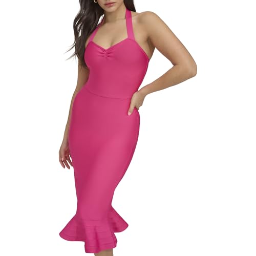 SIENA WOMEN’S BANDAGE KNIT HALTER NECKLINE MIDI DRESS, HOT PINK