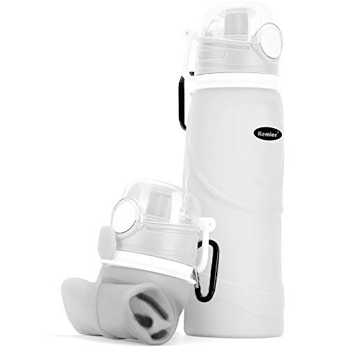 Kemier Collapsible Water Bottle, BPA Free Foldable Water Bottle for Travel, Gym, Hiking, Silicone Portable Leakproof Sports Outdoor Water Bottle with Carabiner,750ML/26OZ(White)