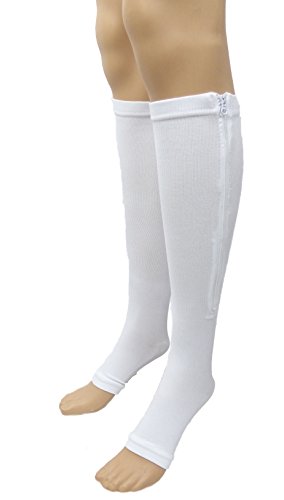 5StarDeals Zipper Compression Socks Supports Stockings Leg Open Toe 23-32mmHg Zipper (S-M, White)