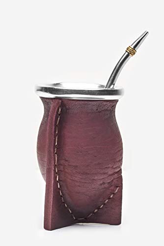 Balibetov [NEW] Leather Wrapped Handmade Yerba Mate Gourd (Mate cup) with Bombilla (Yerba Mate straw) (Bordeaux) - Thumbnail 7