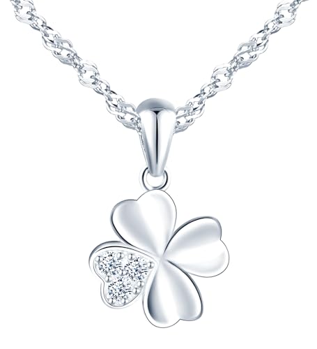 feilok Women's Necklace with Clover Leaf Cubic Zirconia Four Leaf Lucky Charm Pendant Made of 925 Sterling Silver Necklace for Women Girls