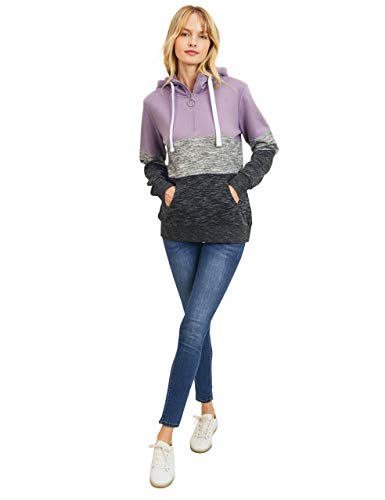 Women's Ultra Soft Fleece Tri-Color Block 1/4 Zip-Up Pullover Hoodie Sweatshirt, Dusty Purple, X-Large