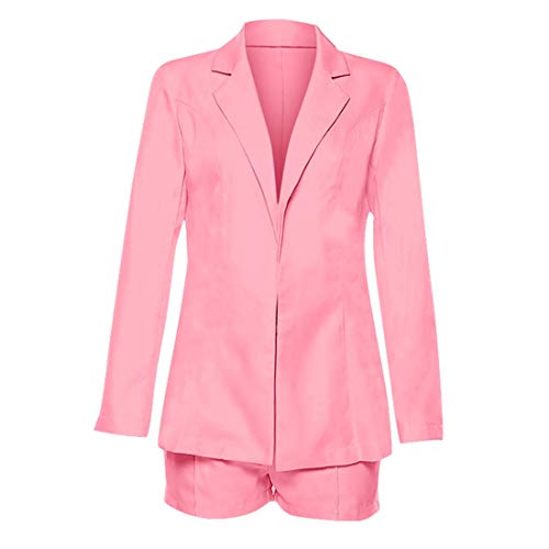 jiumoji Women Women 2 Piece Casual Blazer Set Long Sleeve Bright Solid Button Fit Office Work Tops Bandage Coats Pants Suit (-Pink, M)