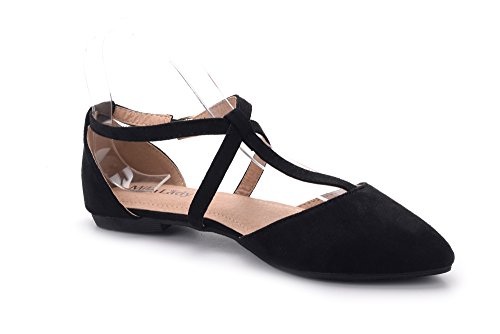 Mila Lady Laurel Womens Pointed Toe Ankle Strap T-Strap D'Orsay Dress Flats Shoes,BLACK9