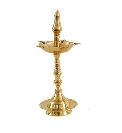 Hashcart Decorative Design Brass Oil Diya Lamp for Puja/Living Room (10 Inch, Gold)