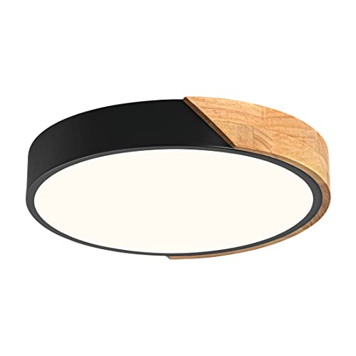 Goomavi Modern Wood Ceiling Light, Minimalist LED Flush Mount Ceiling Lamps, Black 11.8IN Round Close To Ceiling Lighting Fixtures For Bedroom, Kitchen, Hallway, Laundry Room, Bathroom