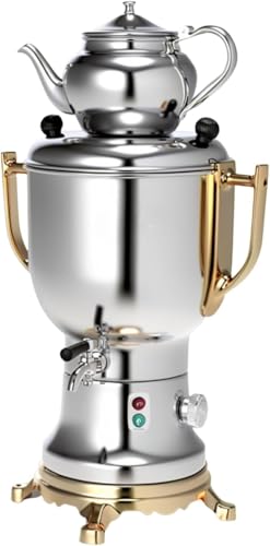Electric Samovar Tea Maker, Stainless Steel with Gold Accents, 4L Capacity, 1800W, Hot Water Boiler Kettle Set