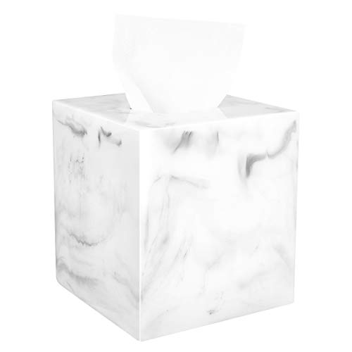 Luxspire Resin Paper Tissue Box Cover Holder, Square Facial Tissue Case, Pumping paper Roll Toilet Paper Holder Napkin Dispenser for Office Bedroom Car Bathroom Vanity Accessories Decor - White Marble - Thumbnail 7