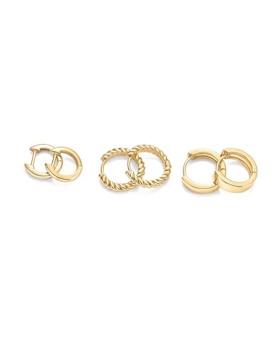 PAVOI 14K-18K Yellow Gold Plated Sterling Silver Posts Three Pairs Small Hoop Earrings for Women - Statement Gold Hoop Earrings Set - Cubic Zirconia Rope Teardrop Chunky Huggie Earscape Piercings
